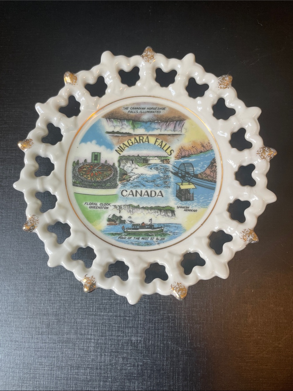Vintage Niagara Falls Canada Souvenir Plate Open Lattice Gold Rim 6”